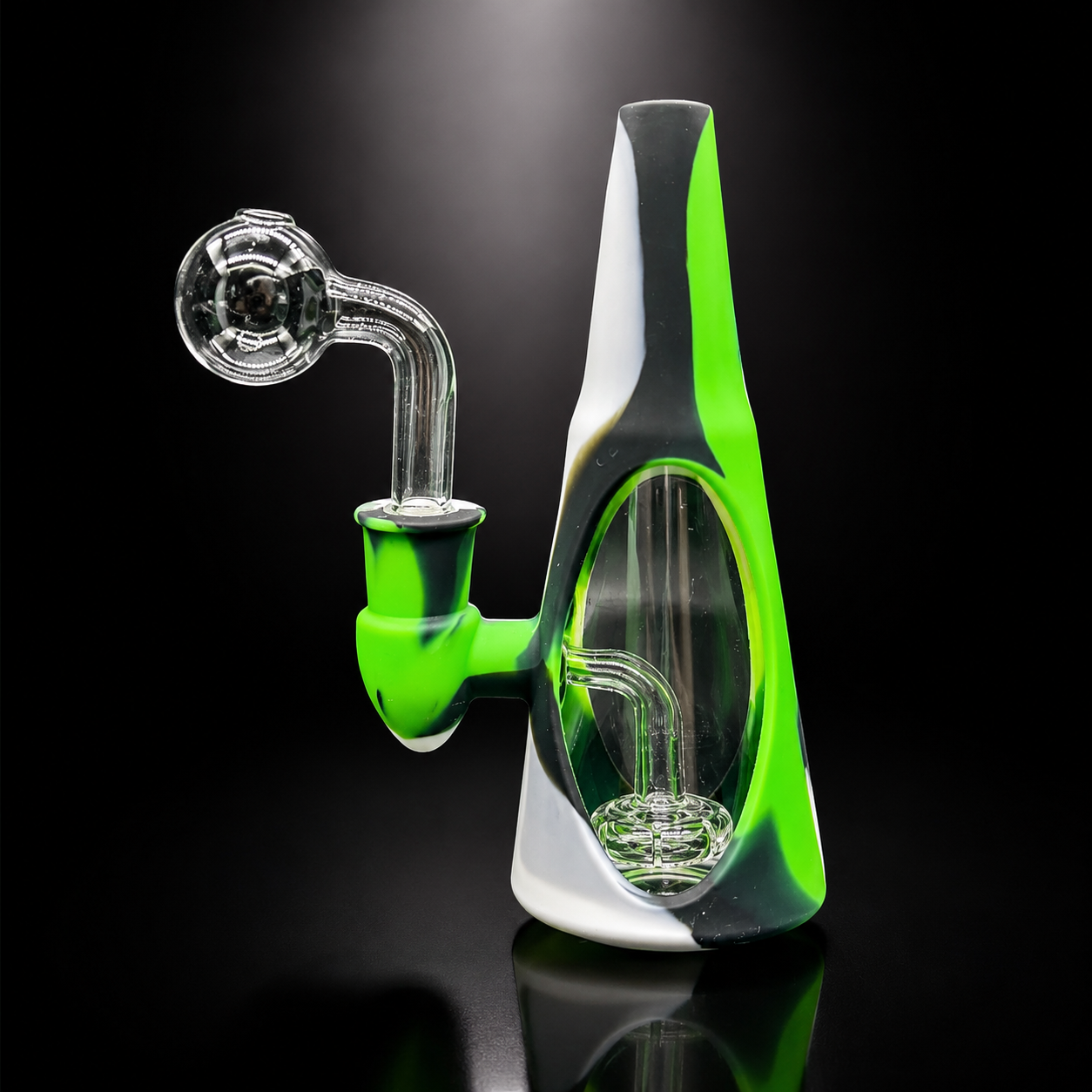 Glass smoking device with green and white design on a black background