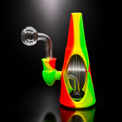 Glass smoking device with colorful silicone sleeve on a black background