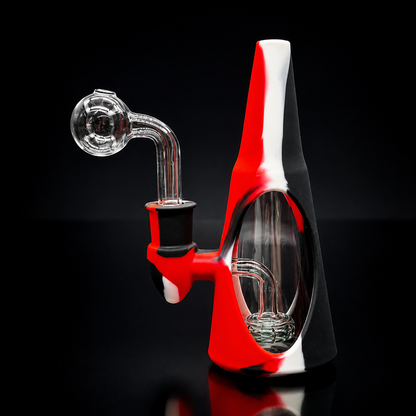 Glass smoking device with red base on a black background
