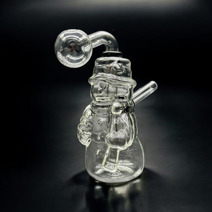 6-inch snowman-shaped clear glass oil burner bubbler with removable parts and curved mouthpiece