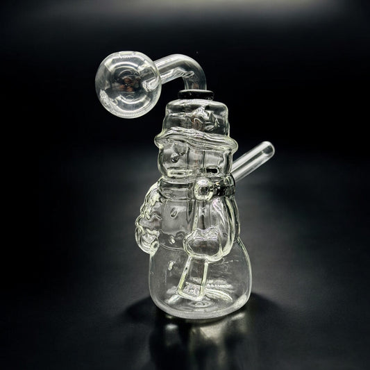 6-inch snowman-shaped clear glass oil burner bubbler with removable parts and curved mouthpiece