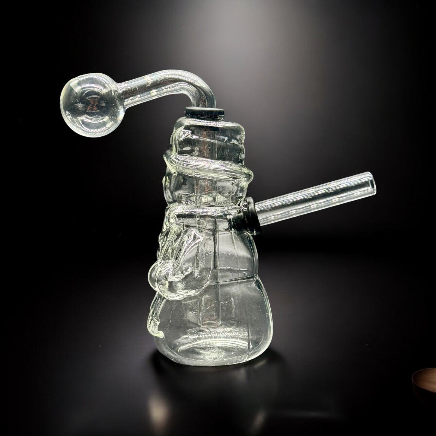 Clear borosilicate glass oil burner bubbler in festive snowman shape, 6 inches tall with full detail