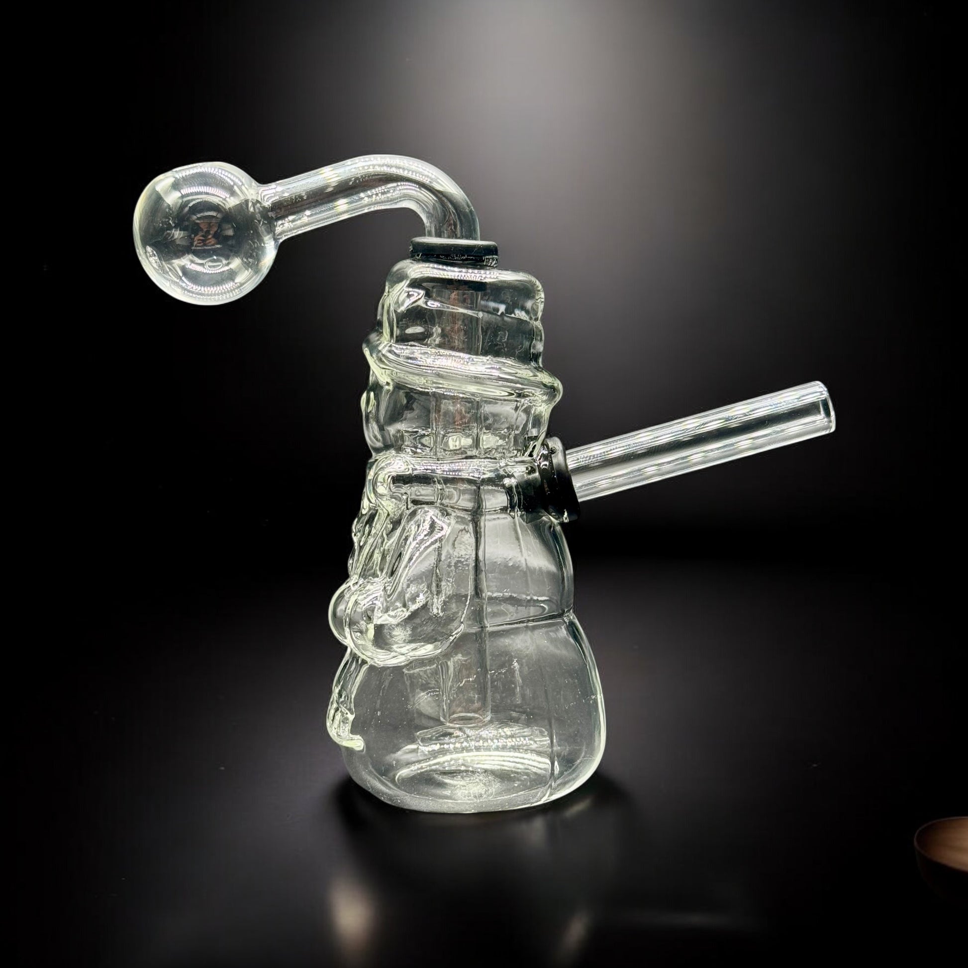 Clear borosilicate glass oil burner bubbler in festive snowman shape, 6 inches tall with full detail