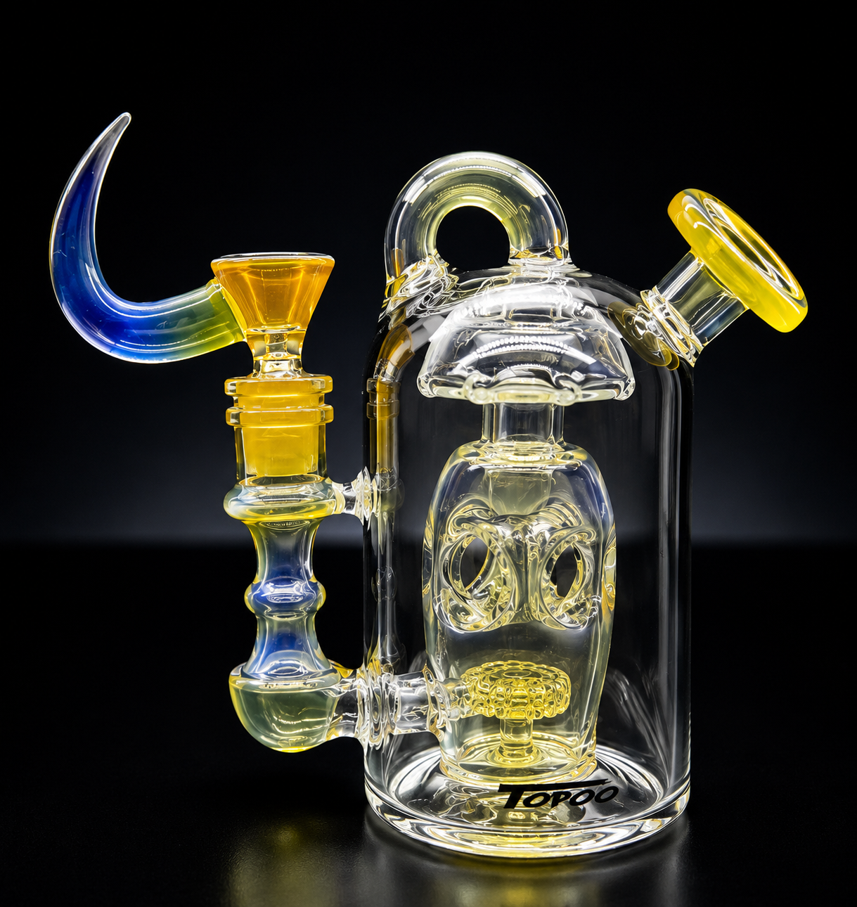Glass smoking device with colorful accents on a black background