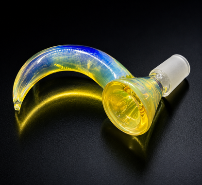 Glass smoking device with a curved neck and yellow base on a black background
