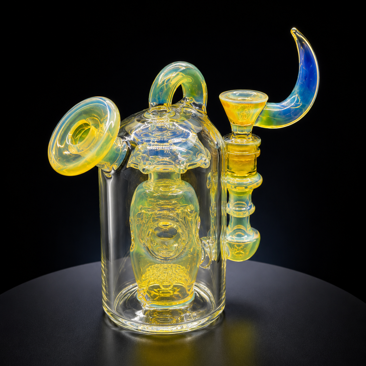 Glass smoking device with colorful attachments on a black background