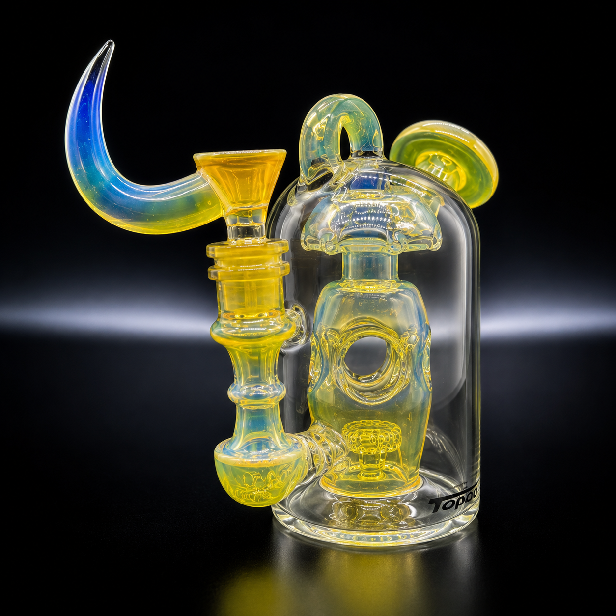 Glass smoking device with colorful design on a black background