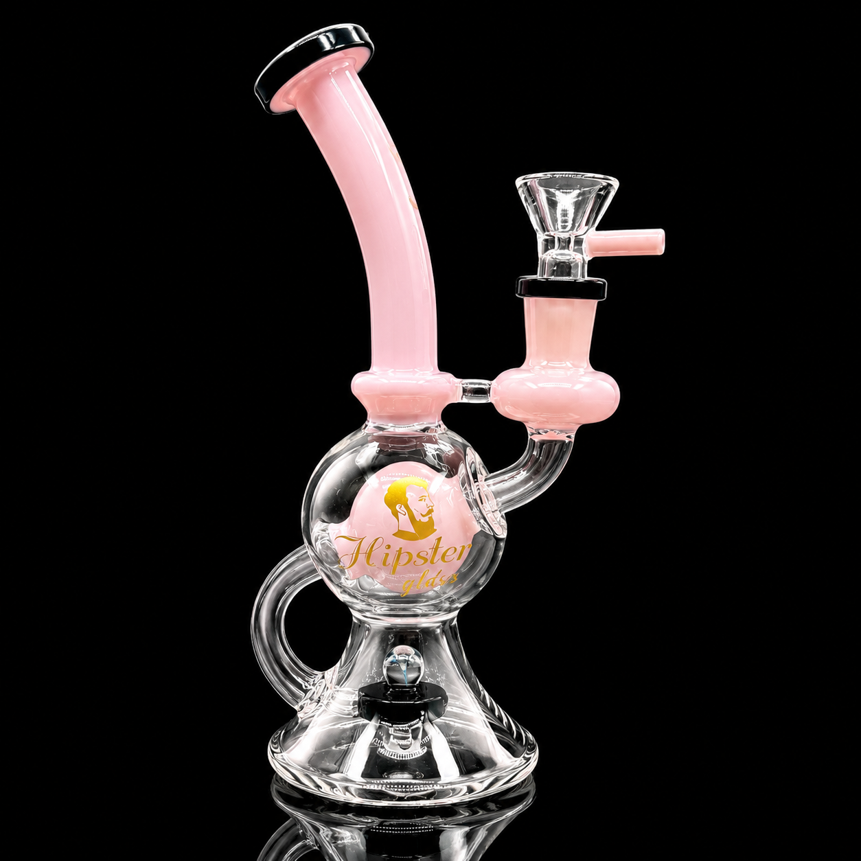 Glass water pipe with pink accents on a black background