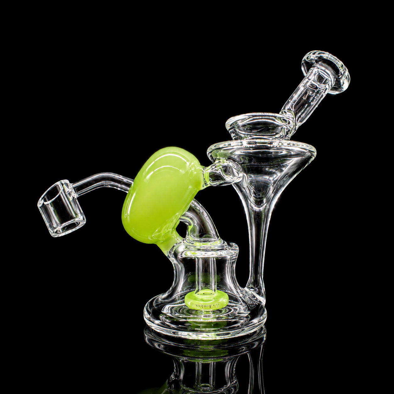 Glass smoking device with a green accent on a black background