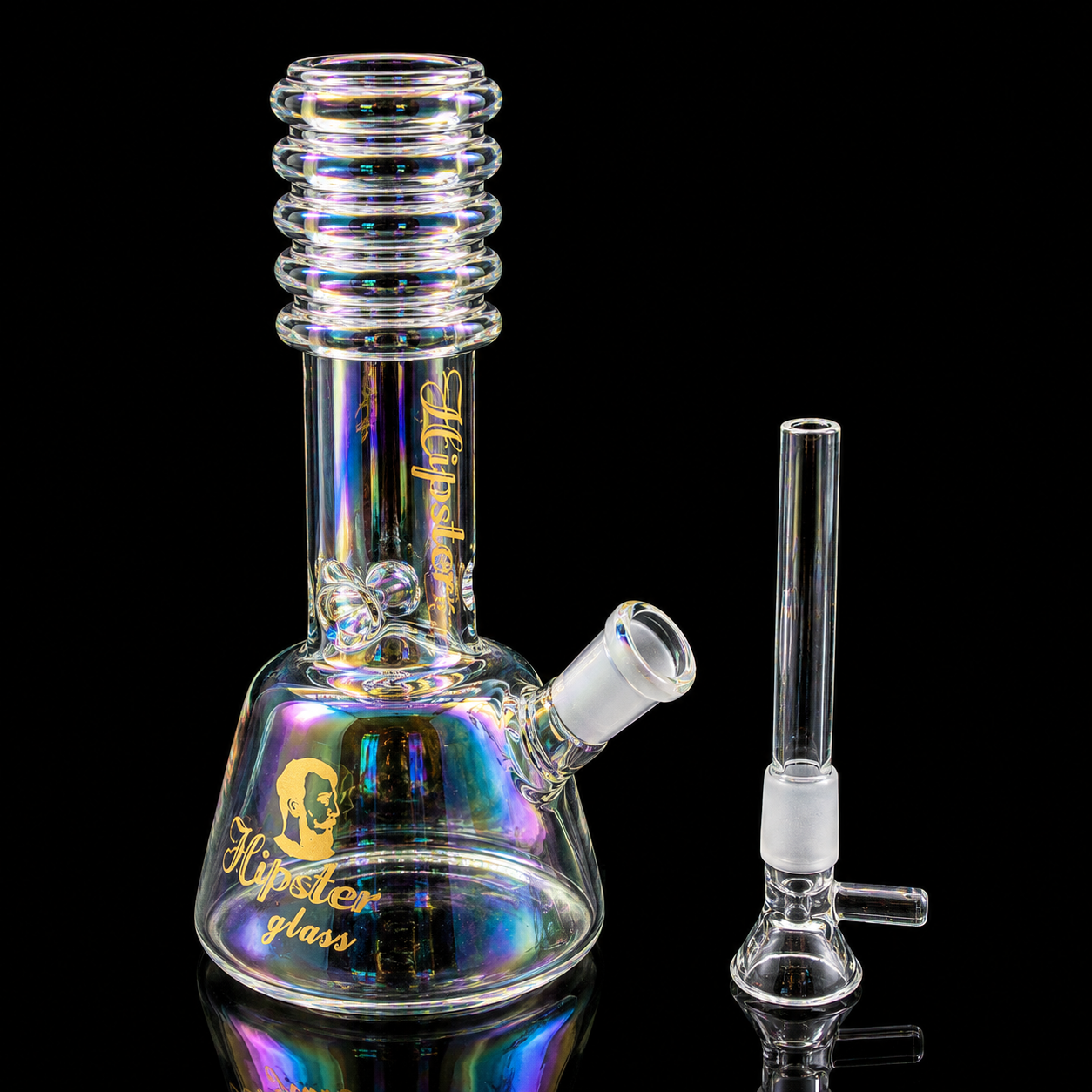 Glass smoking device with 'Hipster Glass' branding on a black background