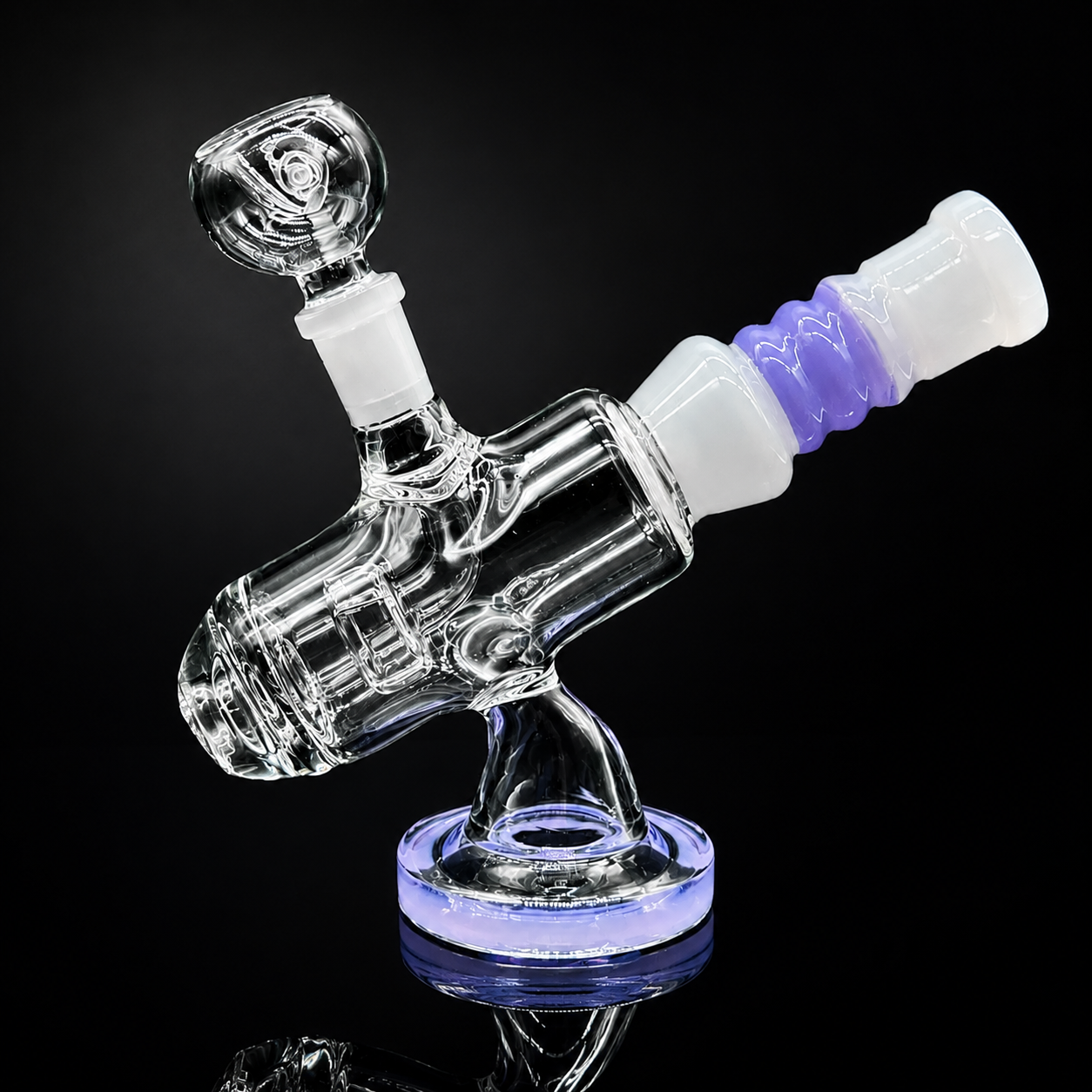 Glass smoking device with white and purple accents on a black background