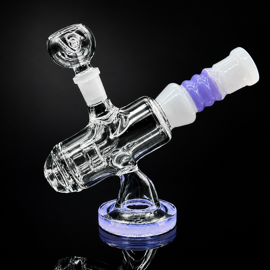Glass smoking device with white and purple accents on a black background