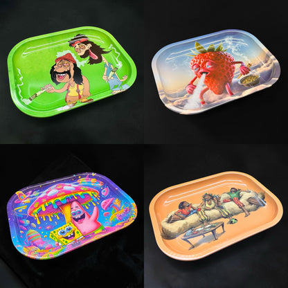 Four colorful trays with cartoonish designs on a black background
