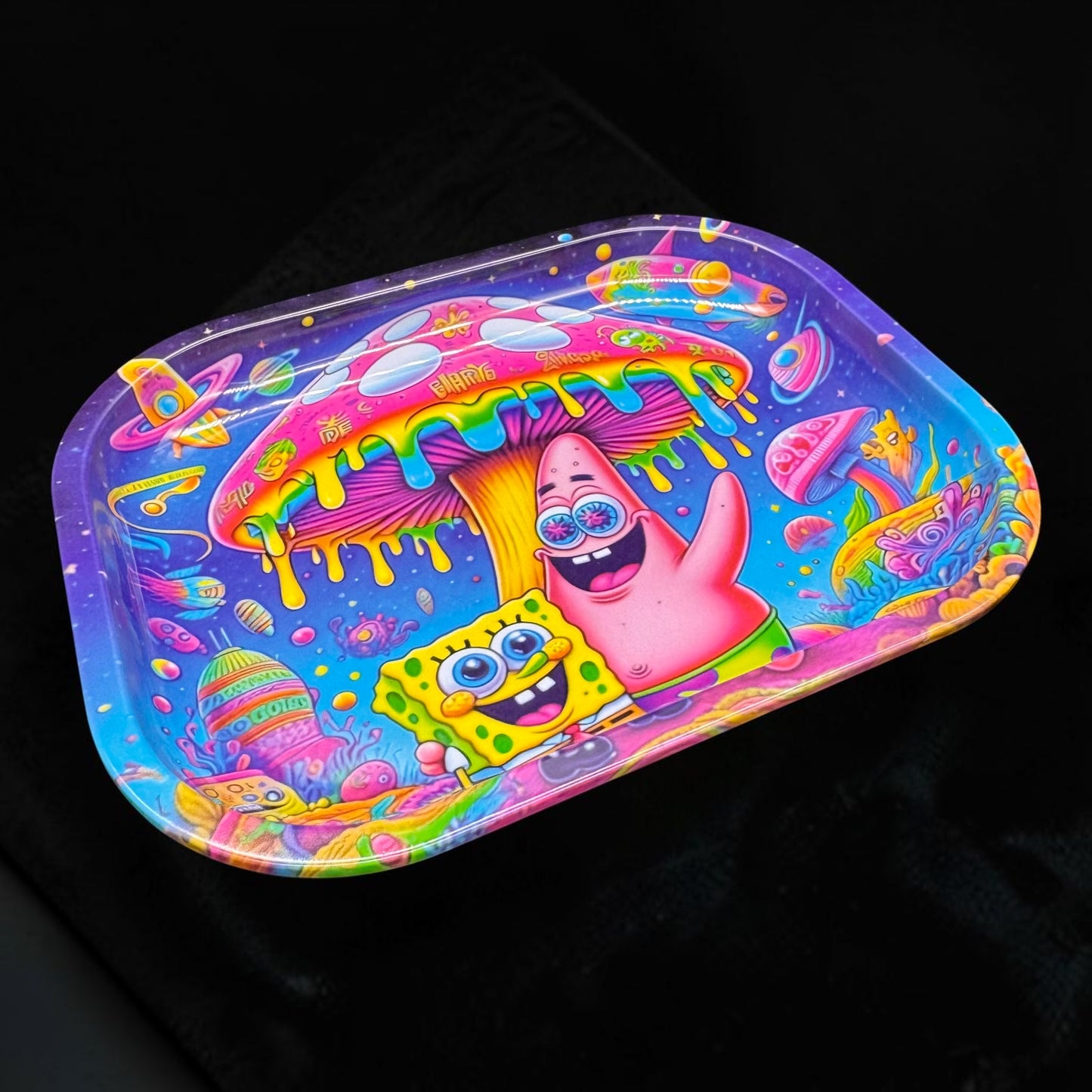Colorful tray with cartoon characters on a black background