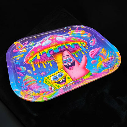 Colorful tray with cartoon characters on a black background