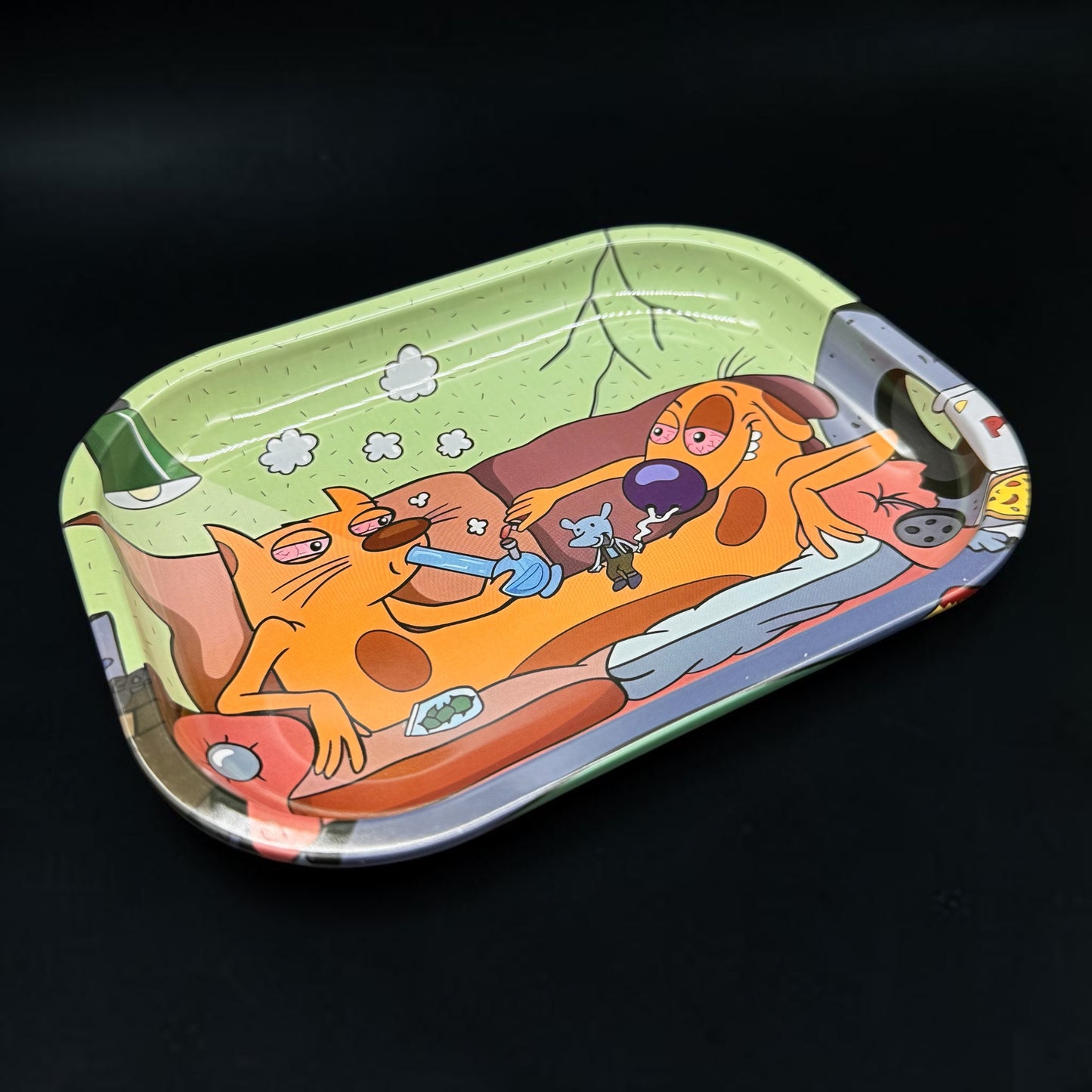 Cartoon-style tray with a dog and cat design on a black background