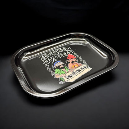 Metallic rolling tray with cartoon characters and text on a black background