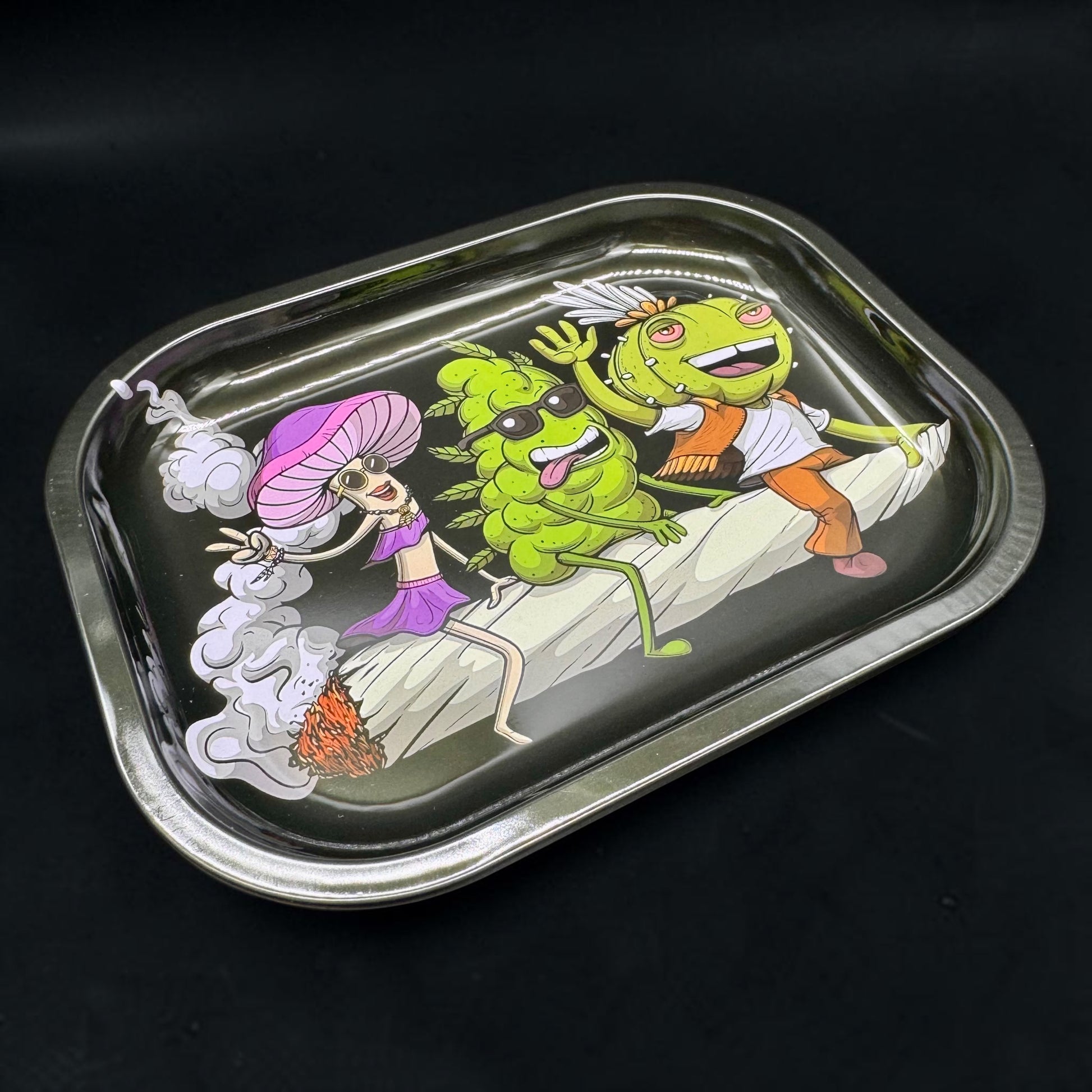 Metallic rolling tray with cartoon designs of a skeleton, green character, and orange character on a black background.