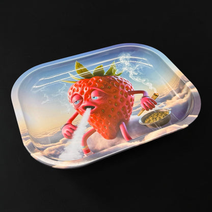 Strawberry-shaped character on a transparent tray with a black background