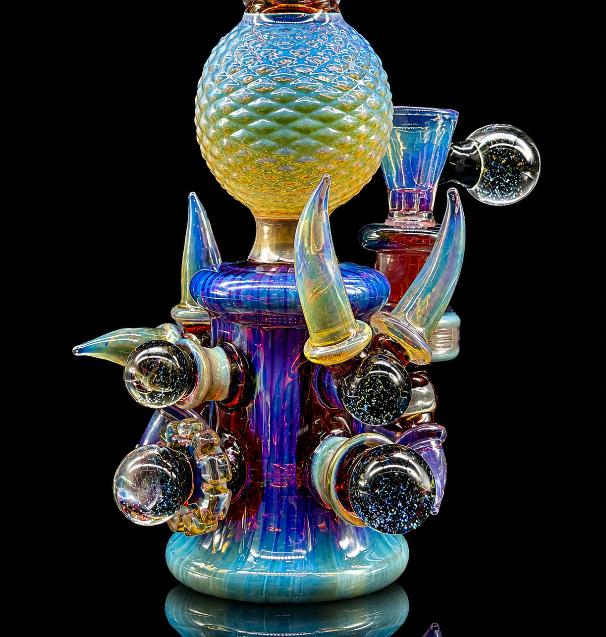 Colorful glass smoking device with intricate design on a black background