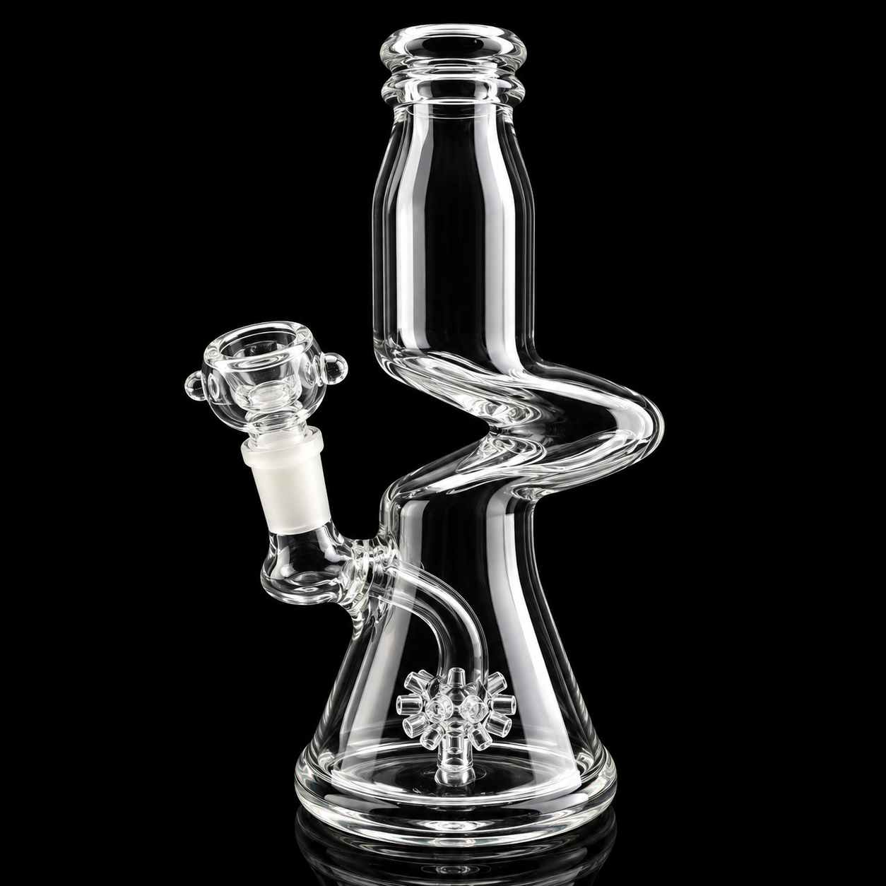 Clear glass water pipe with spiral design on a black background