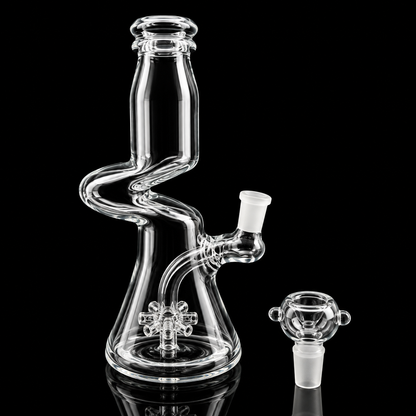 Clear glass water pipe with spiral design on a black background