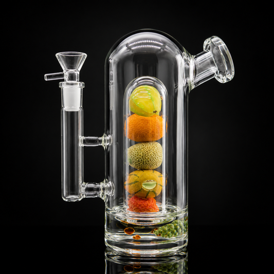 Glass water pipe with colorful balls inside on a black background