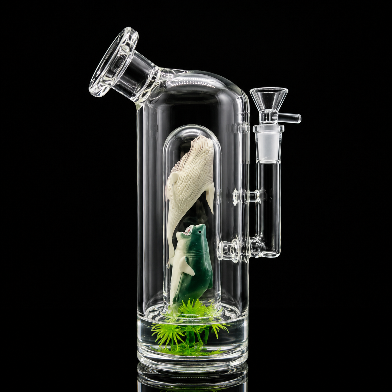 Glass water pipe with decorative fish and plants on a black background