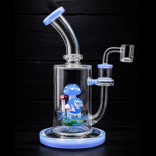 Glass smoking device with mushroom design on a dark background