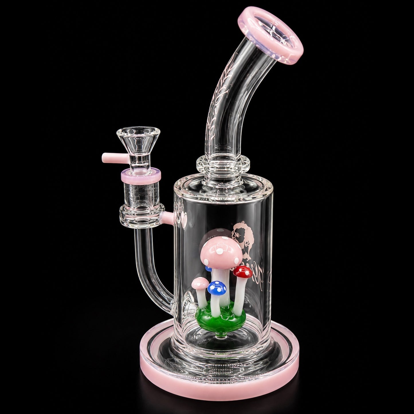 Glass smoking device with mushroom decorations on a black background