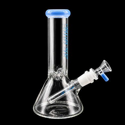 Clear glass bong with blue accents on a black background