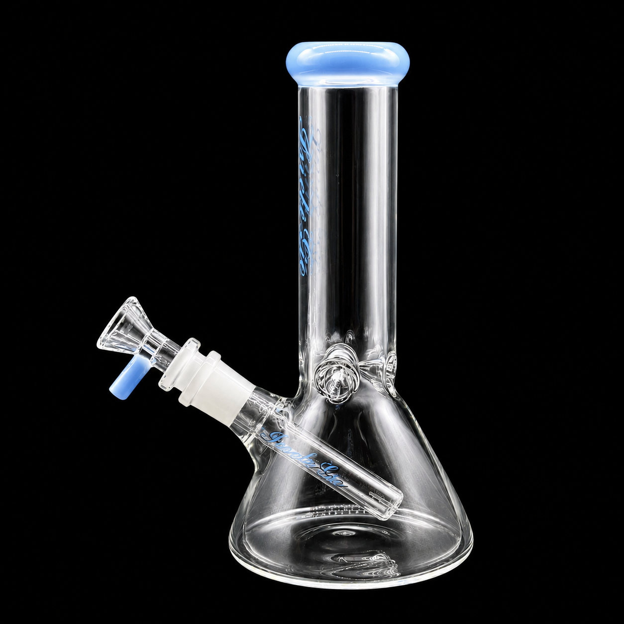 Clear glass water pipe with blue accents on a black background