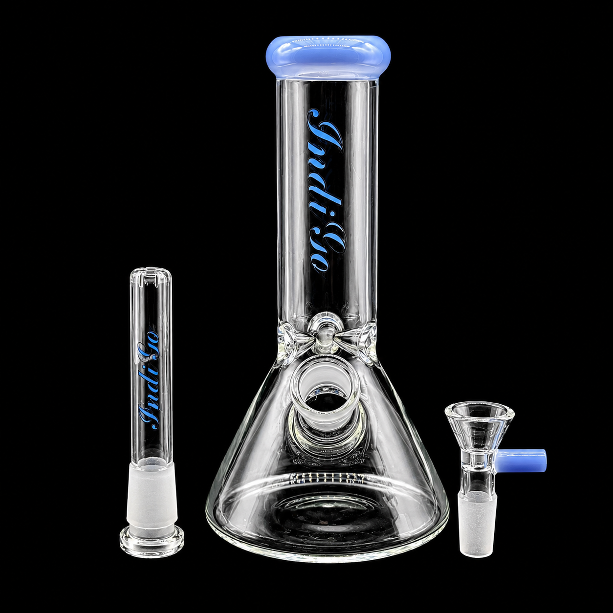 Clear glass smoking apparatus with blue text on a black background