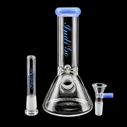 Clear glass smoking apparatus with blue text on a black background