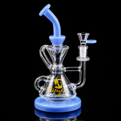 Clear glass smoking device with blue accents on a black background