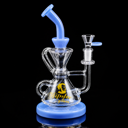 Clear glass smoking device with blue accents on a black background