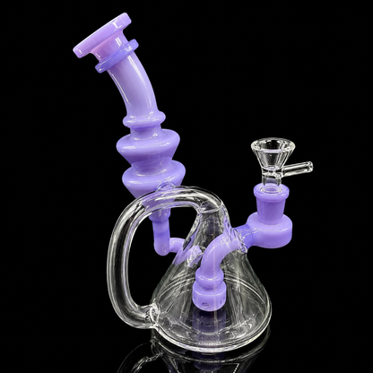 Glass smoking device with purple accents on a black background