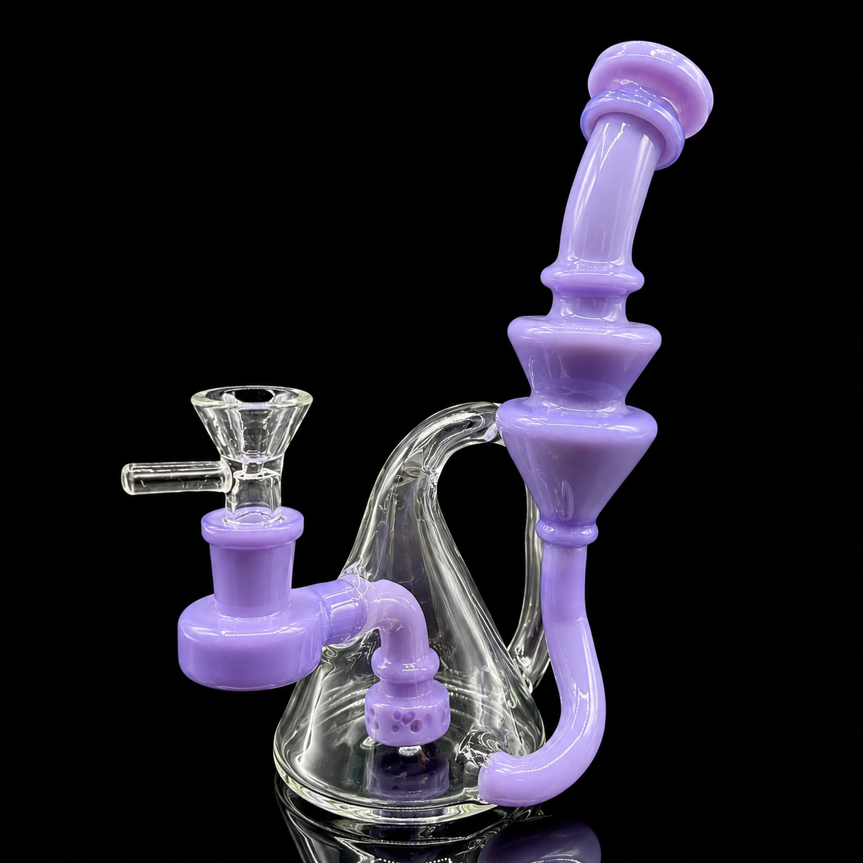 Glass smoking device with purple accents on a black background