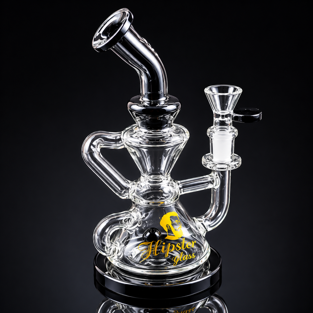 Clear glass smoking device with 'Hipster Glass' logo on a black background