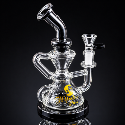 Clear glass smoking device with 'Hipster Glass' logo on a black background