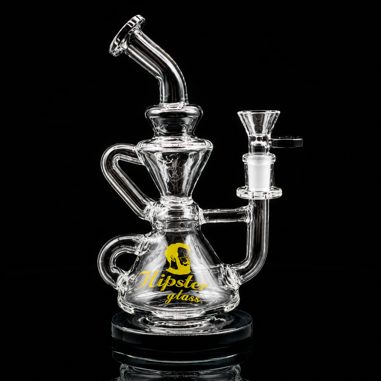 Clear glass water pipe with 'Flipsie Glass' branding on a black background