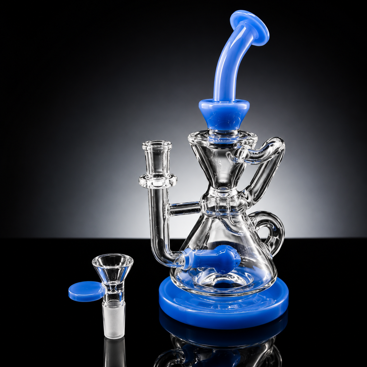 Glass water pipe with blue accents on a reflective surface