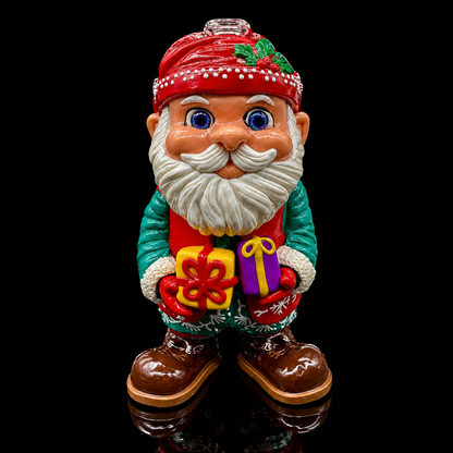 Gnome figurine with a red hat and white beard holding colorful presents on a black background