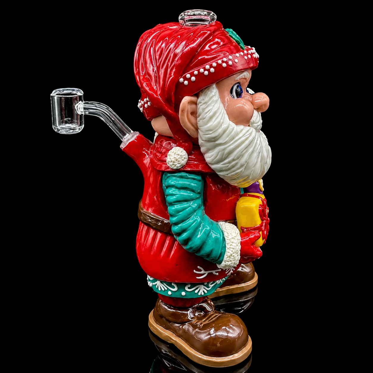 Colorful gnome figurine with a smoking pipe on a black background