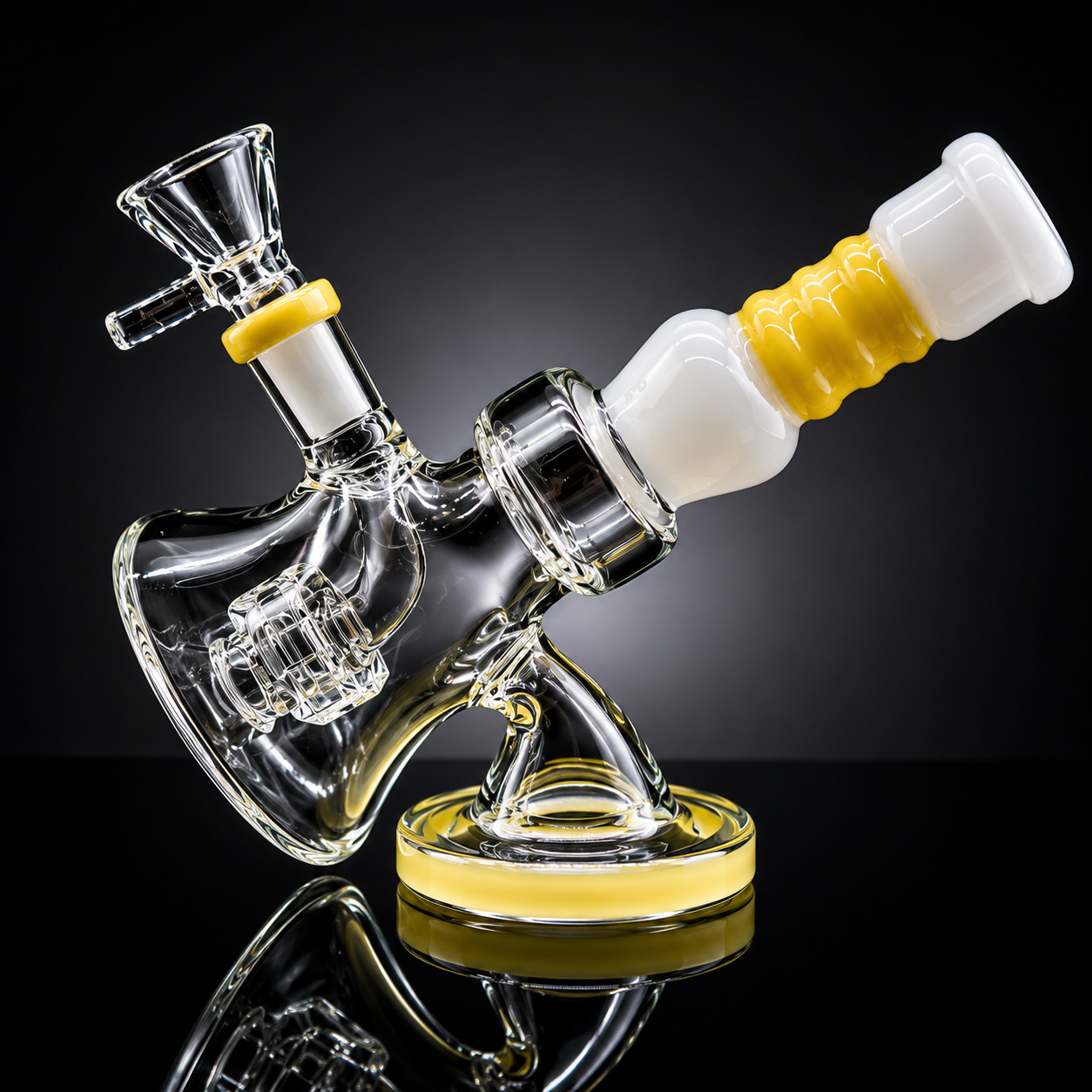 Glass smoking device with yellow and white accents on a reflective surface