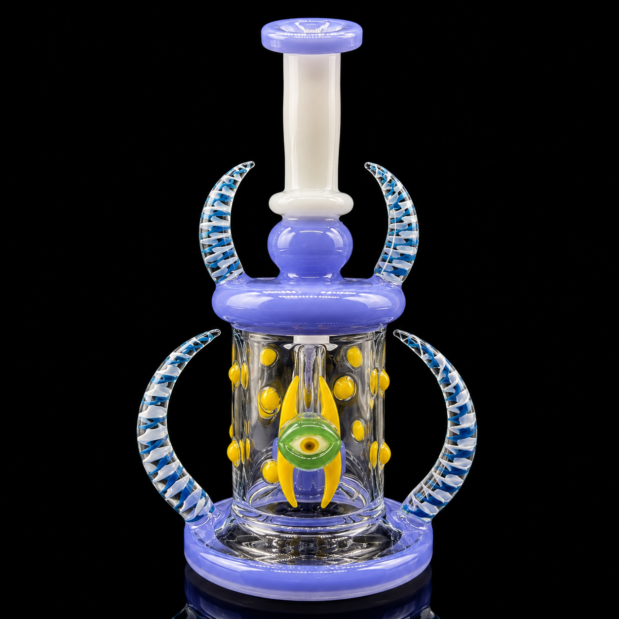 Glass smoking device with blue and yellow accents on a black background