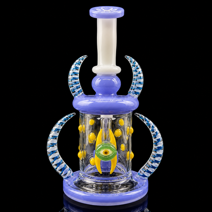 Glass smoking device with blue and yellow accents on a black background