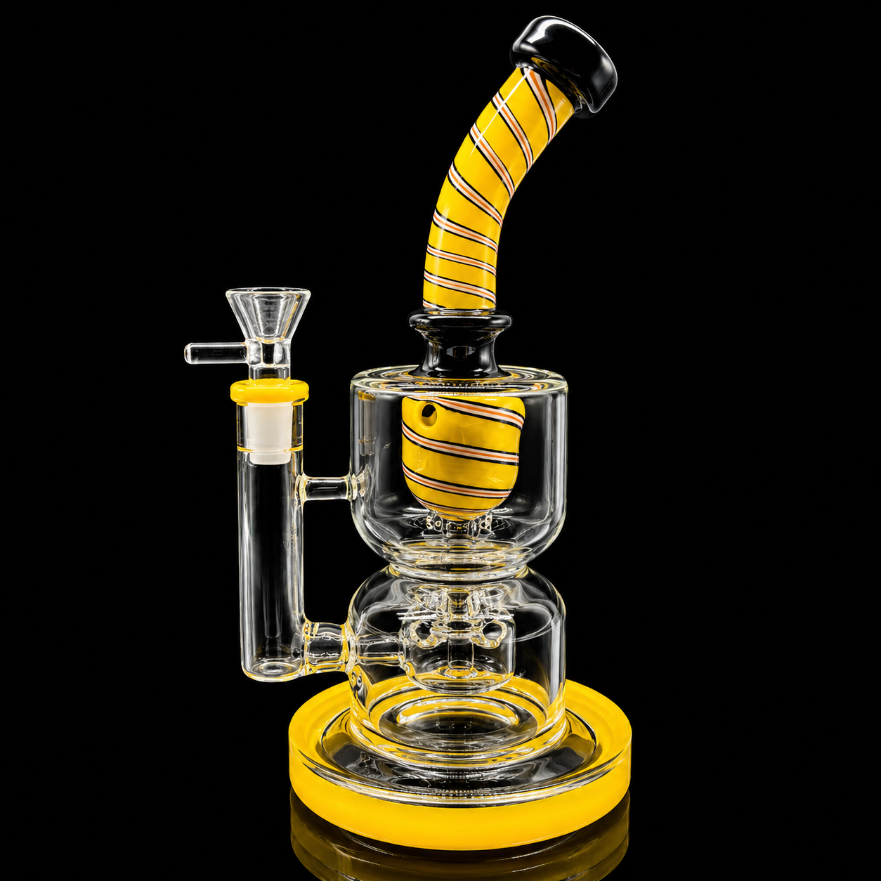 Glass smoking device with yellow and black striped neck on a black background