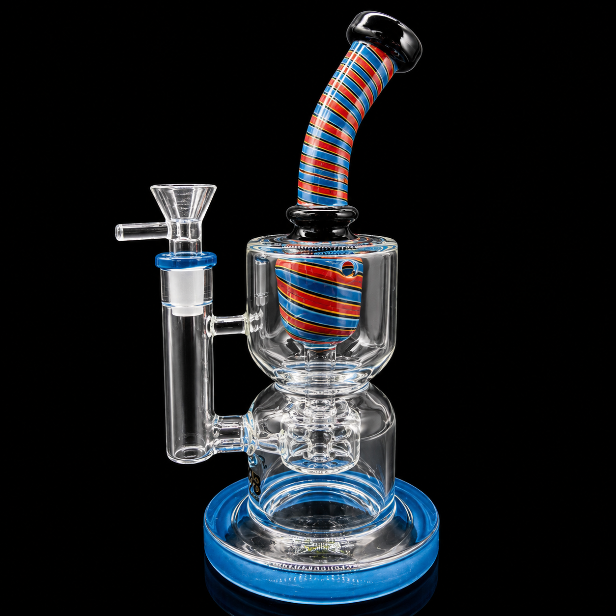 Glass water pipe with colorful striped neck on a black background