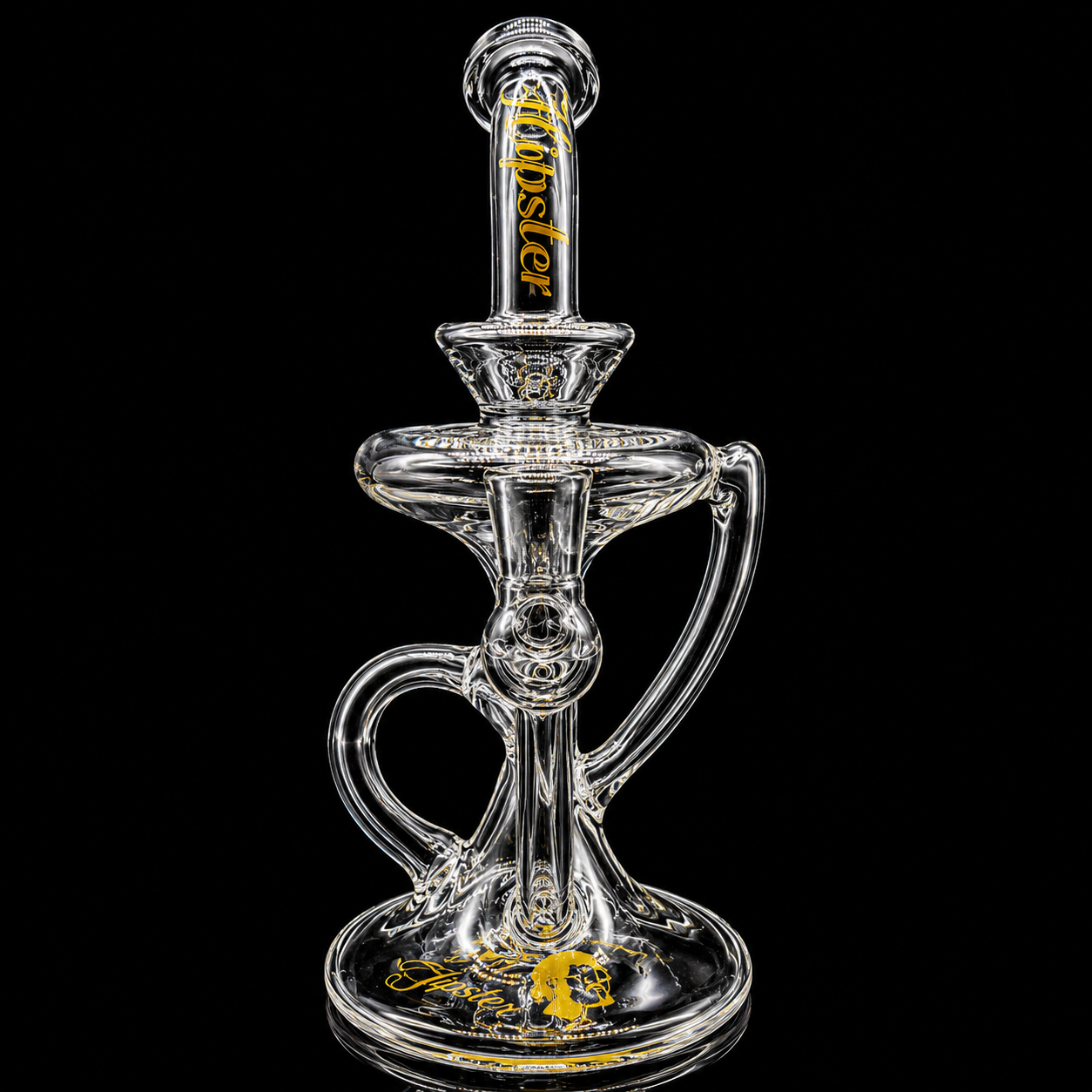 Clear glass smoking device with brand name on a black background